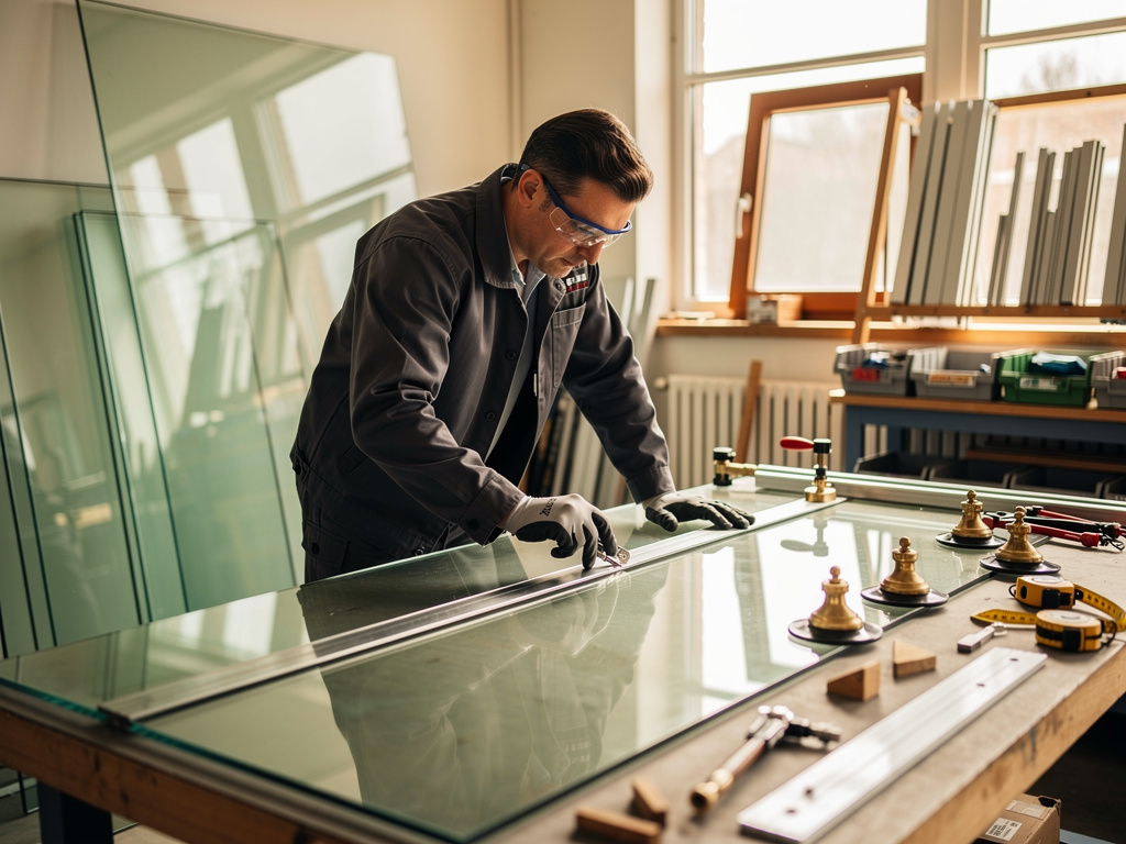 Ein Mann, der eine Glasscheibe bearbeitet und das Glaserhandwerk ausübt